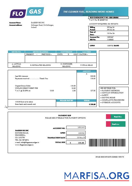 Downloadable Ireland Flogas Natural Gas business utility bill template in Word and PDF formats